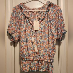 Melloday sz M boho short sleeve floral blouse w/drawstring neck and peplum hem